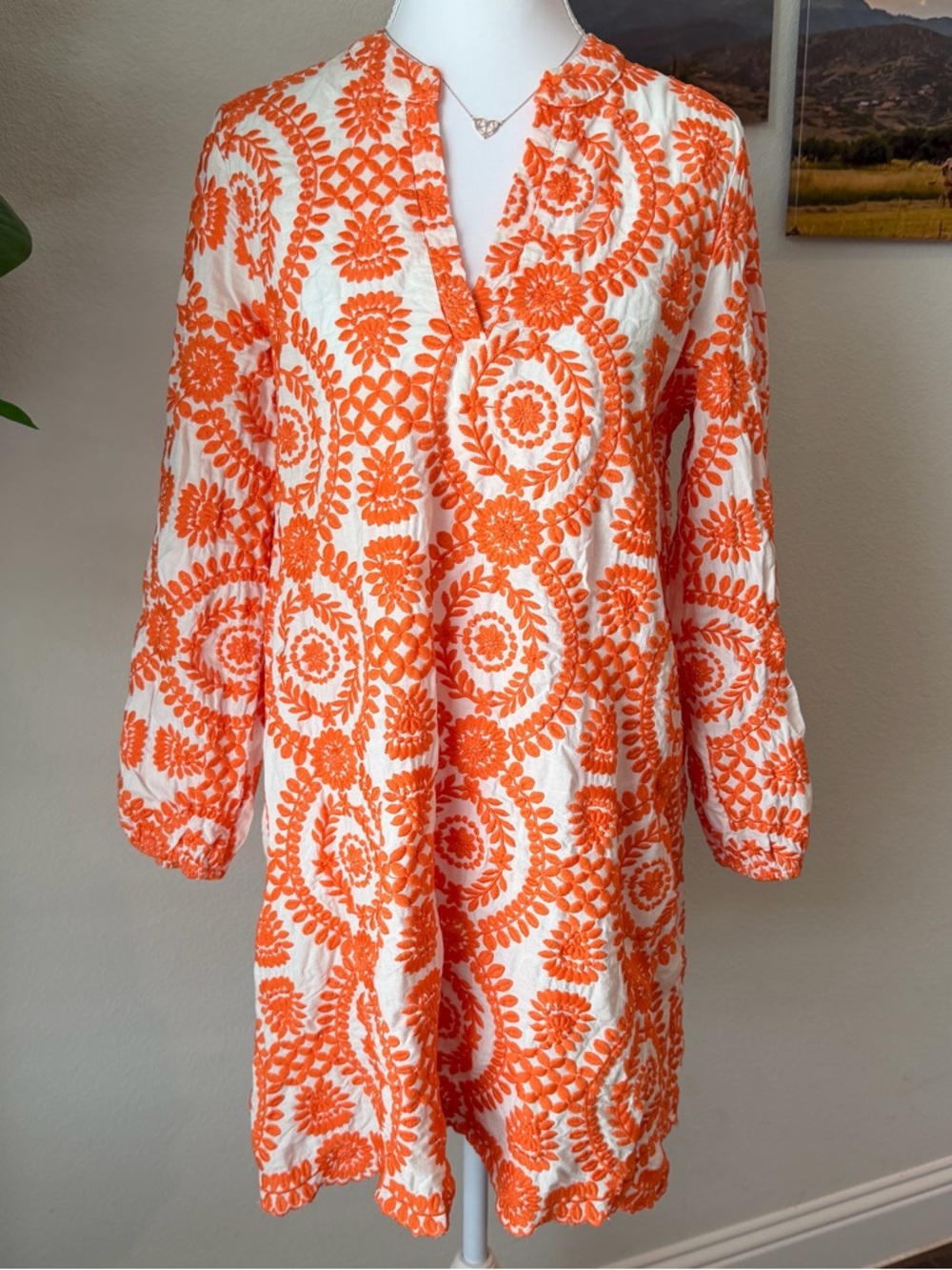 Women’s Orange and White Embroidered Tunic Dress